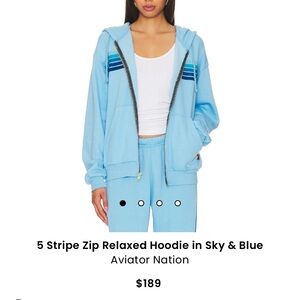 AVIATOR NATION zip up relaxed hoodie 5 stripe in sky blue.